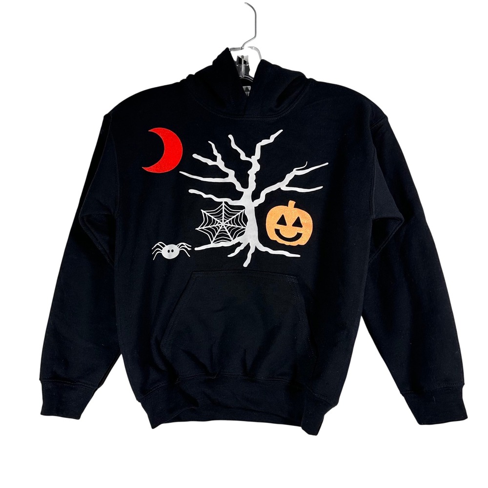 Gildan Heavy Blend Kids Small Black Halloween Graphic Hoodie Spooky Tree Boo K1